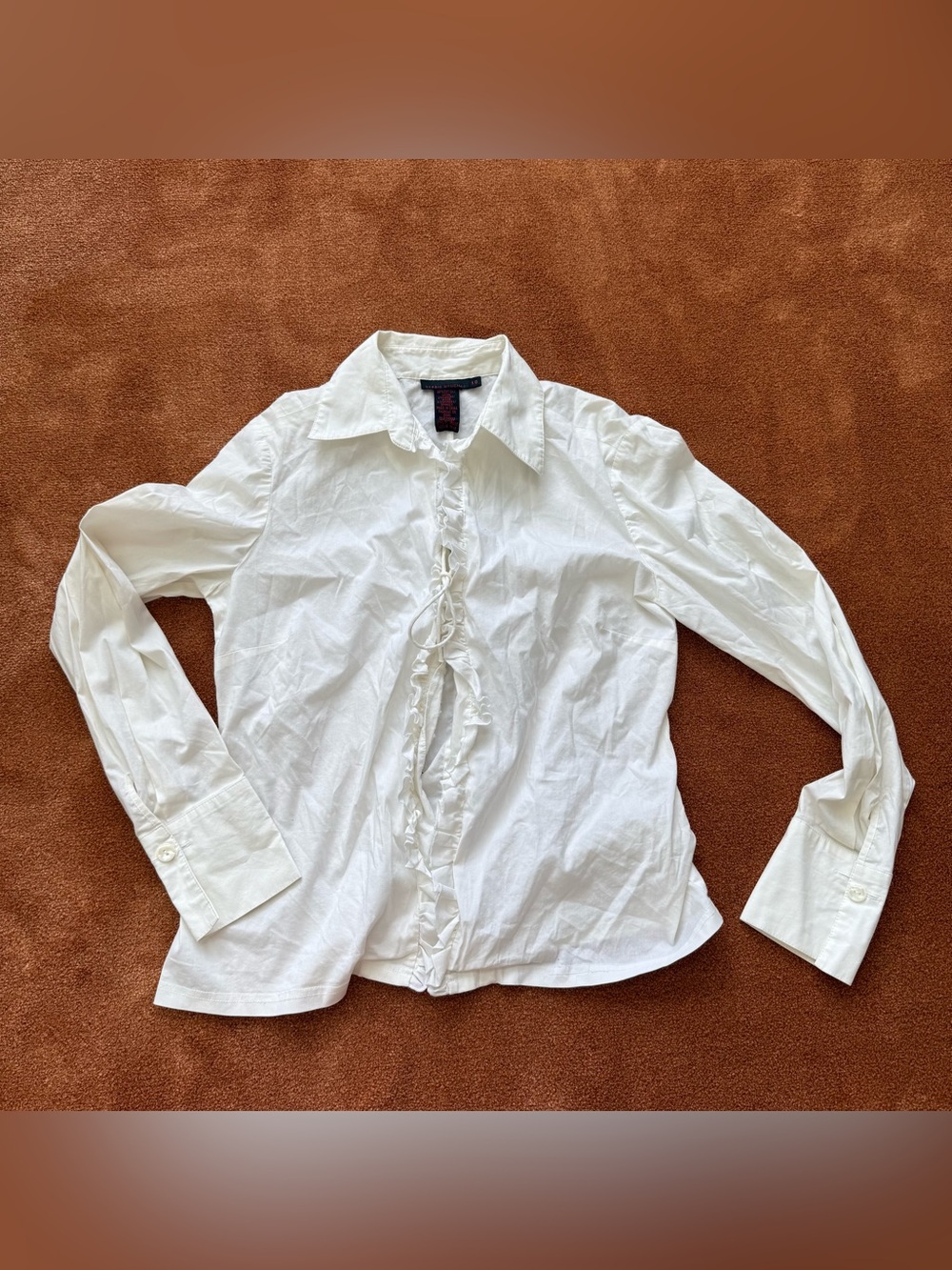Women's White Ruffle-Front Button Blouse drawstring